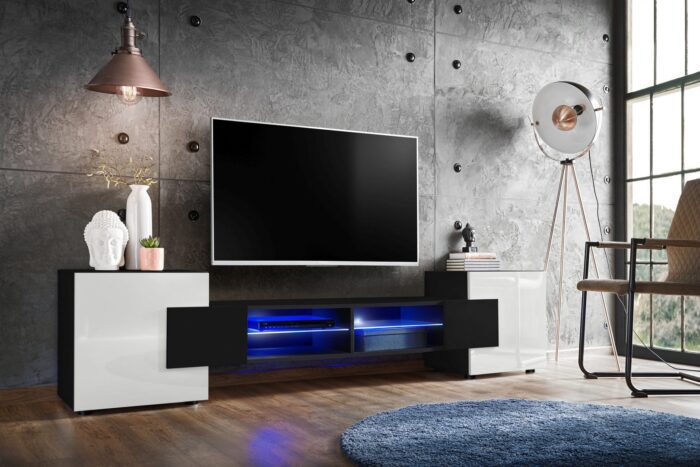 TV Schrank Merano, Schwarz/Weiß LED-Beleuchtung Blau – Bild 2