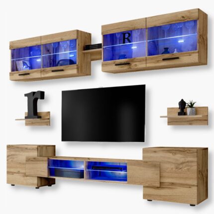 Foggia RTV Möbel Set, Wotan/Wotan LED Beleuchtung Blau