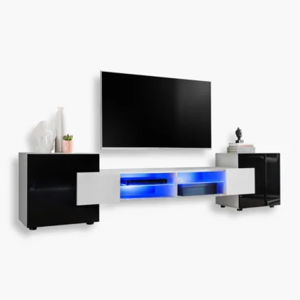 TV Schrank Merano, weiß/schwarz LED-Beleuchtung blau
