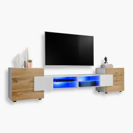 Armoire RTV Merano, blanc/éclairage LEDotan bleu