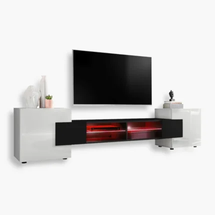 Armoire Merano RTV, blanc/noir, éclairage LED RVB