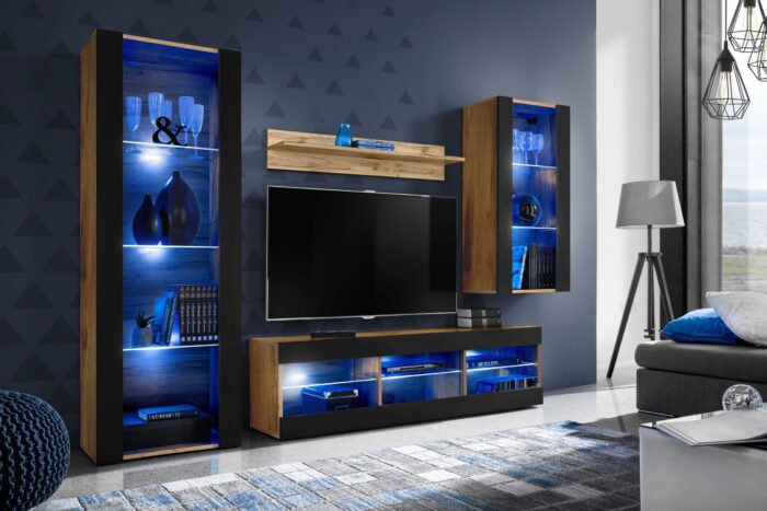 Ensemble de meubles RTV Tivoli Medio, noir/éclairage LEDotan bleu – Image 2