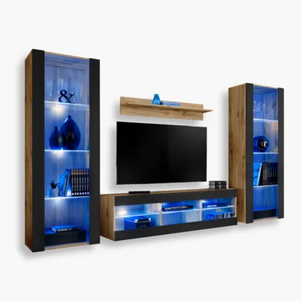 Tivoli Grande RTV Möbel Set, Schwarz/Wotan LED Beleuchtung Blau