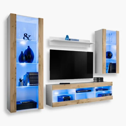 Tivoli Medio RTV Möbel Set, Wotan/Weiß LED Beleuchtung Blau