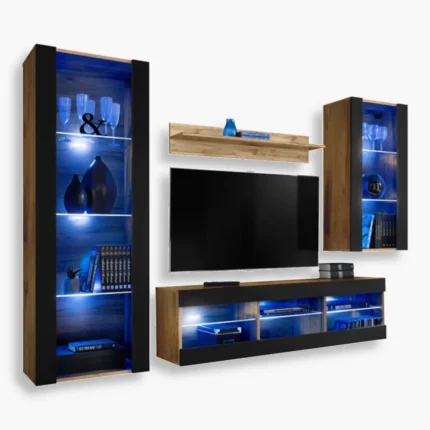 Tivoli Medio RTV Möbel Set, Schwarz/Wotan LED Beleuchtung Blau