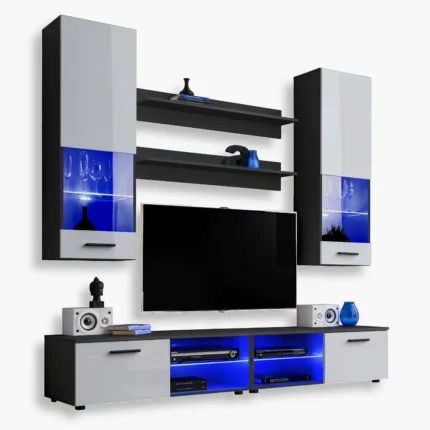 Varallo RTV Möbel Set, Weiß/Schwarz LED-Beleuchtung Blau