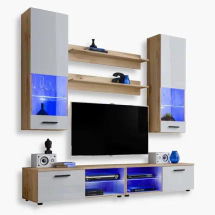 Varallo RTV Möbel Set, Weiß/Wotan LED-Beleuchtung Blau