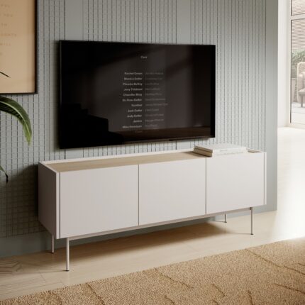 Szafka RTV Kelowna – kaszmir,dąb linea – szerokość 144 cm, wysokość 55 cm, głębokość 37 cm