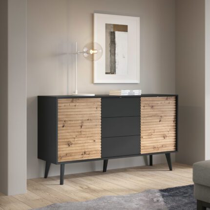 Saskatoon KSZ154 – komoda dwudrzwiowa, czarny, dąb artisan, szerokość 154 cm, wysokość 83 cm, głębokość 39 cm
