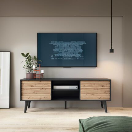 Saskatoon RTV154 – szafka RTV, czarny, dąb artisan, szerokość 154 cm, wysokość 56 cm, głębokość 39 cm