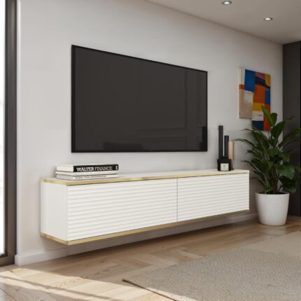 Banff RTV135 MDF – TV-Schrank, weiß matt, Eiche handwerklich, Breite 135 cm, Höhe 30 cm, Tiefe 32 cm