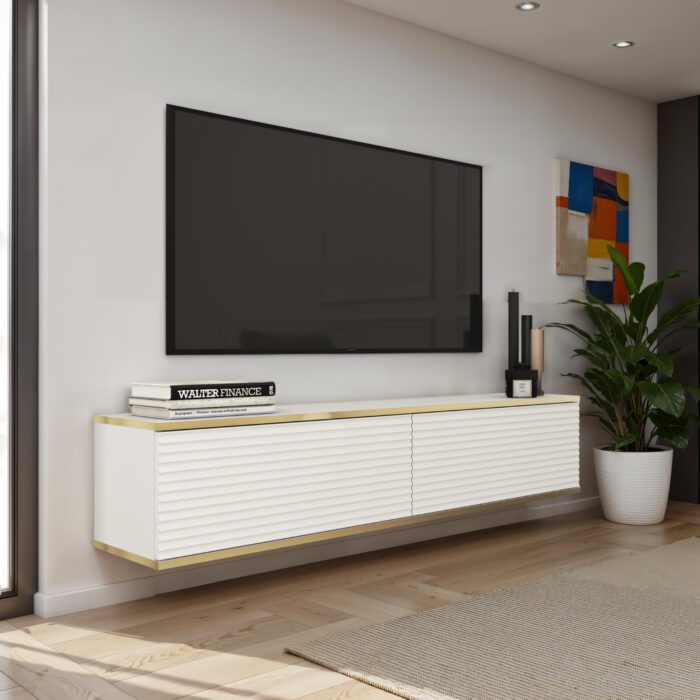 Banff RTV135 MDF – Meuble TV, blanc mat, chêne artisanal, largeur 135 cm, hauteur 30 cm, profondeur 32 cm – Image 1