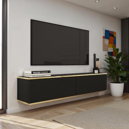 Banff RTV135 MDF – szafka RTV, czarny mat, dąb artisan, szerokość 135 cm, wysokość 30 cm, głębokość 32 cm