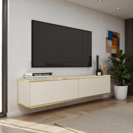 Banff RTV135 – szafka RTV, beżowy gładki front, dąb artisan, szerokość 135 cm, wysokość 30 cm, głębokość 32 cm
