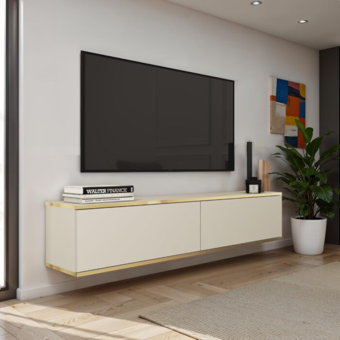 Banff RTV135 – szafka RTV, beżowy gładki front, dąb artisan, szerokość 135 cm, wysokość 30 cm, głębokość 32 cm - obrazek 1