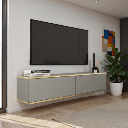 Banff RTV135 – Meuble TV, façade lisse grise, chêne artisanal, largeur 135 cm, hauteur 30 cm, profondeur 32 cm