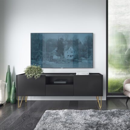 Szafka RTV Canmore 144 cm – czarny grafit, marmur black – szerokość 144 cm, wysokość 55 cm, głębokość 37 cm