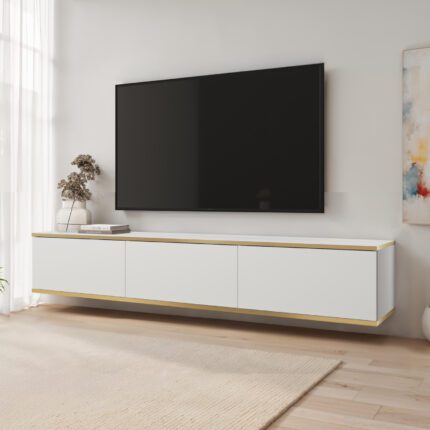 Banff RTV175 – szafka RTV, biały gładki front, dąb artisan, szerokość 175 cm, wysokość 30 cm, głębokość 32 cm