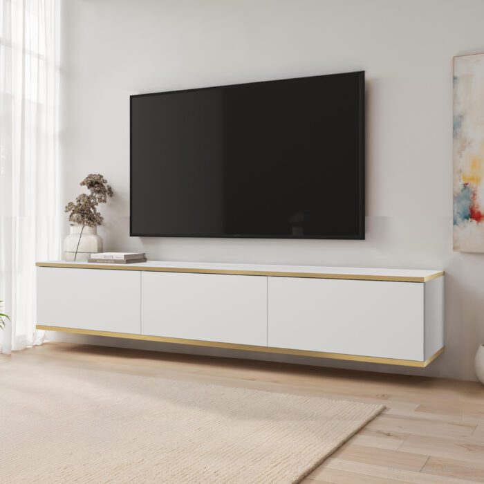 Banff RTV175 – szafka RTV, biały gładki front, dąb artisan, szerokość 175 cm, wysokość 30 cm, głębokość 32 cm - obrazek 1