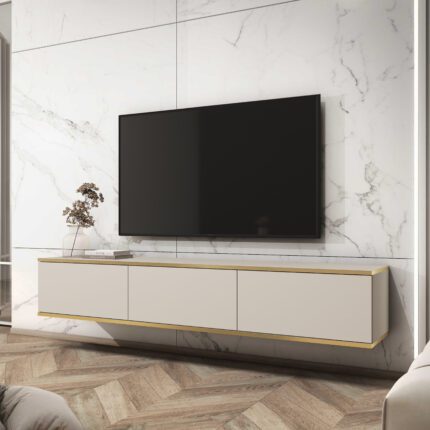 Banff RTV175 – szafka RTV, beżowy gładki front, dąb artisan, szerokość 175 cm, wysokość 30 cm, głębokość 32 cm