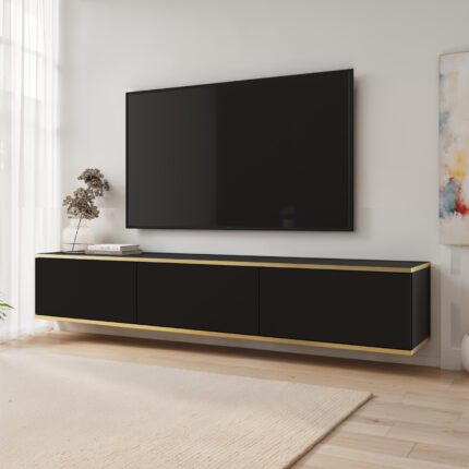 Banff RTV175 – Meuble TV, façade lisse noire, chêne artisanal, largeur 175 cm, hauteur 30 cm, profondeur 32 cm