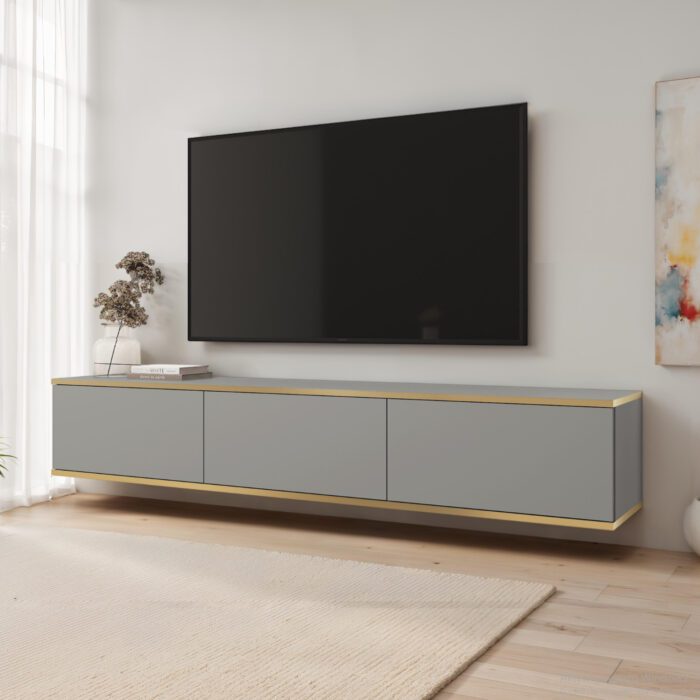 Banff RTV175 – szafka RTV, szary gładki front, dąb artisan, szerokość 175 cm, wysokość 30 cm, głębokość 32 cm - obrazek 1