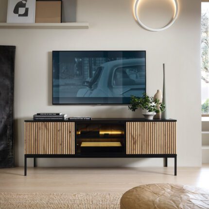 Laval RTV154 – TV-Schrank, schwarz, Wotan-Eiche, Breite 154 cm, Höhe 56 cm, Tiefe 39 cm