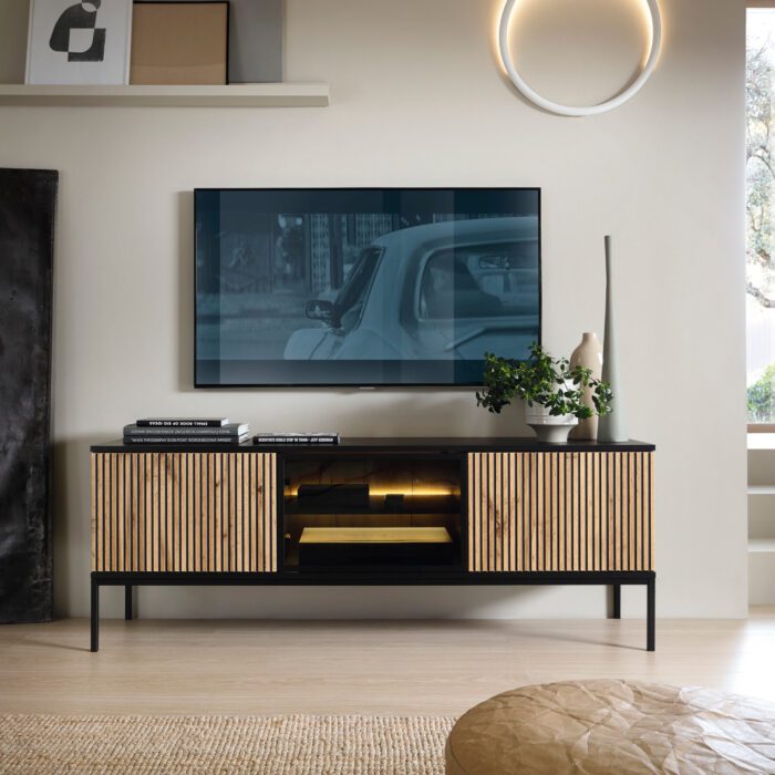 Laval RTV154 – Meuble TV, noir, chêne wotan, largeur 154 cm, hauteur 56 cm, profondeur 39 cm – Image 1