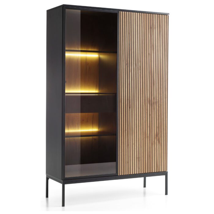 Laval WTSZ104 – witryna z oświetleniem LED, czarny, dąb wotan, lamela, szerokość 104 cm, wysokość 166 cm, głębokość 39 cm - obrazek 2