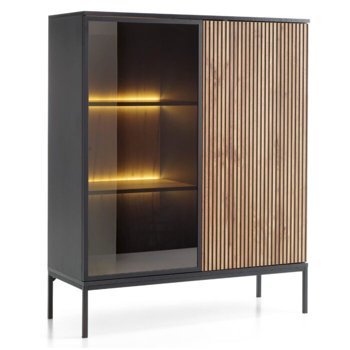 Laval WT104 – witryna z oświetleniem LED, dąb wotan, czarny, szerokość 104 cm, wysokość 126 cm, głębokość 39 cm - obrazek 2