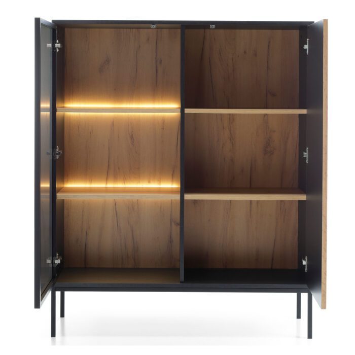 Laval WT104 – witryna z oświetleniem LED, dąb wotan, czarny, szerokość 104 cm, wysokość 126 cm, głębokość 39 cm - obrazek 5
