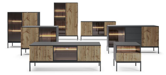 Laval WTSZ104 – witryna z oświetleniem LED, czarny, dąb wotan, lamela, szerokość 104 cm, wysokość 166 cm, głębokość 39 cm - obrazek 10
