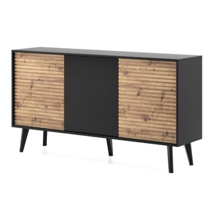 Saskatoon K154 – commode, noir, chêne artisanal, largeur 154 cm, hauteur 83 cm, profondeur 39 cm