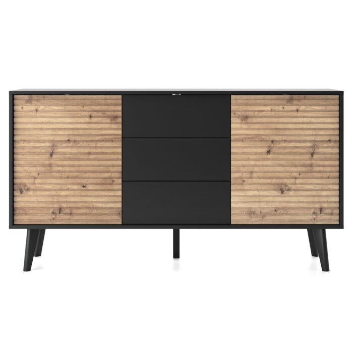 Saskatoon KSZ154 – commode à deux portes, noir, chêne artisanal, largeur 154 cm, hauteur 83 cm, profondeur 39 cm – Image 2