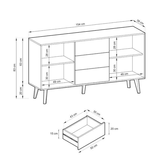 Saskatoon KSZ154 – commode à deux portes, noir, chêne artisanal, largeur 154 cm, hauteur 83 cm, profondeur 39 cm – Image 5