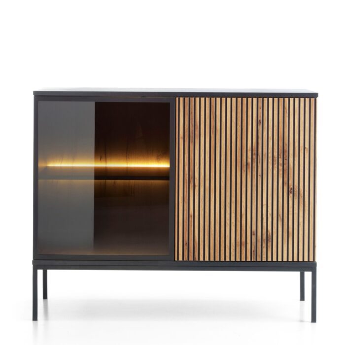 Laval K104 LED – dreitürige Kommode mit Beleuchtung, schwarz, Wotan-Eiche, Breite 104 cm, Höhe 83 cm, Tiefe 39 cm – Bild 2