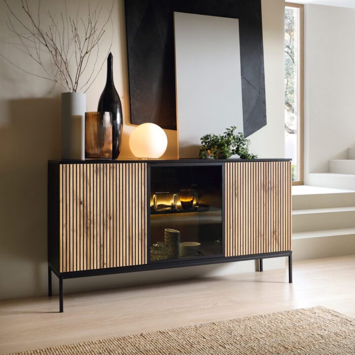 Laval K154 – chest of drawers, wotan oak, black with slats, width 154 cm, height 83 cm, depth 39 cm - Image 3