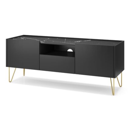 Szafka RTV Canmore 144 cm – czarny grafit, marmur black – szerokość 144 cm, wysokość 55 cm, głębokość 37 cm