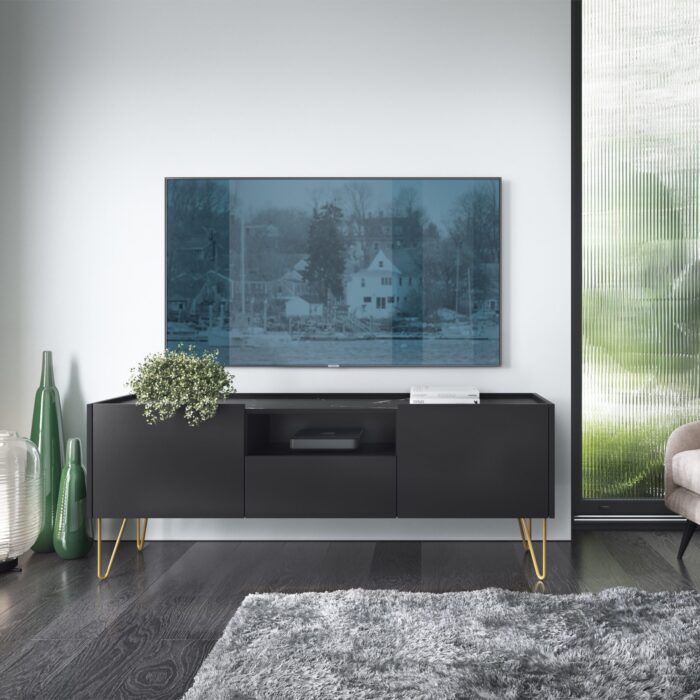 TV-Schrank Canmore 144 cm – schwarz graphit, marmor schwarz – Breite 144 cm, Höhe 55 cm, Tiefe 37 cm – Bild 3
