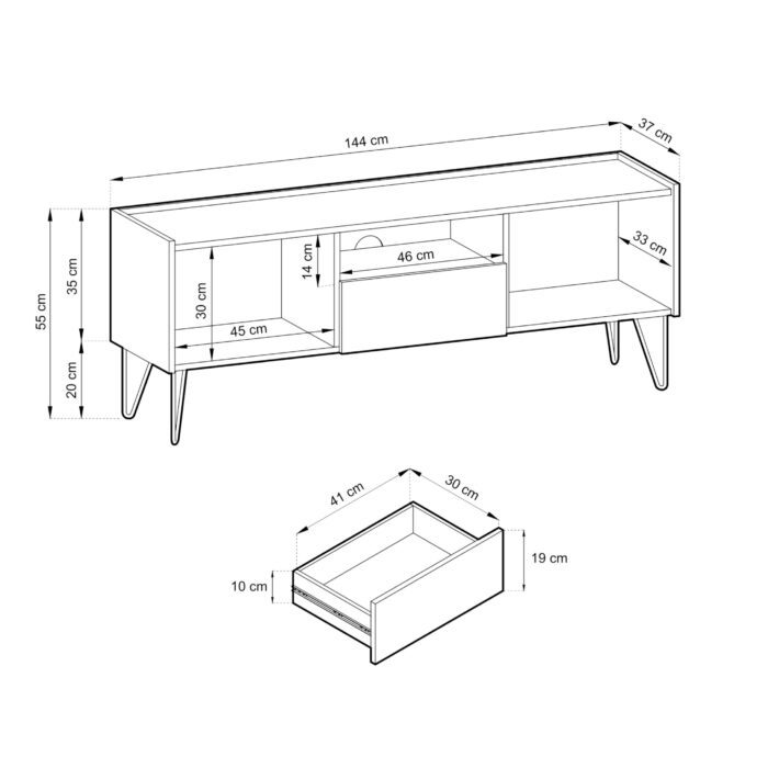 TV-Schrank Canmore 144 cm – schwarz graphit, marmor schwarz – Breite 144 cm, Höhe 55 cm, Tiefe 37 cm – Bild 5