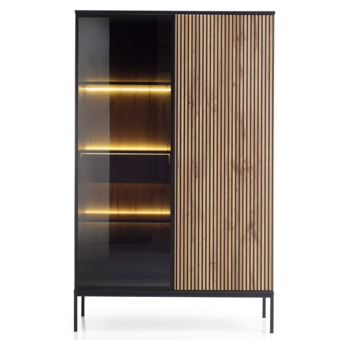 Laval WTSZ104 – Vitrine mit LED-Beleuchtung, schwarz, Eiche Wotan, Lamelle, Breite 104 cm, Höhe 166 cm, Tiefe 39 cm – Bild 3