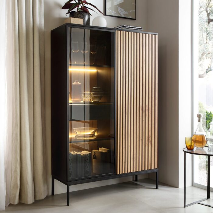 Laval WTSZ104 – Vitrine mit LED-Beleuchtung, schwarz, Eiche Wotan, Lamelle, Breite 104 cm, Höhe 166 cm, Tiefe 39 cm – Bild 2
