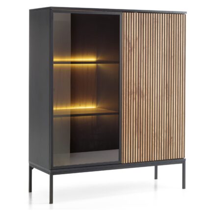 Laval WT104 – LED-Beleuchtungsschrank, Wotan Eiche, Schwarz, Breite 104 cm, Höhe 126 cm, Tiefe 39 cm