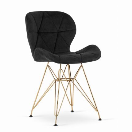 chaise komodee NESSO velours noir pieds en métal rembourré or pour salon, bureau, salle à manger, dimensions 47x73x53 cm, charge jusqu’à 110 kg