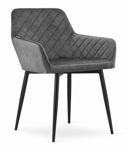 komodee krzesło AVELLA szare aksamitne z podłokietnikami metalowe nogi czarne do salonu, jadalni, gabinetu, obciążenie 110 kg, wymiary 58x79x57 cm