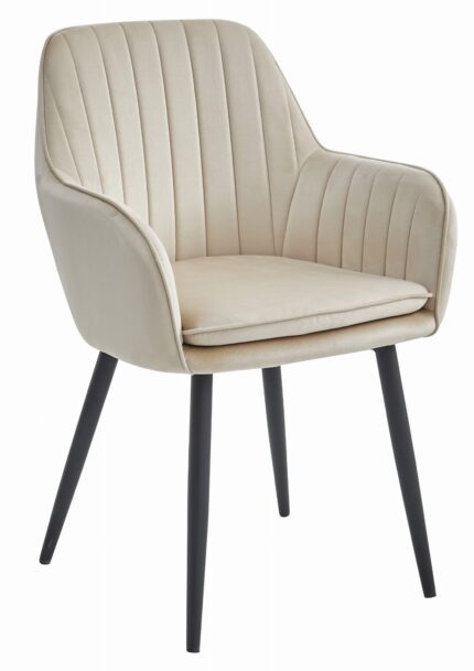 komodee Stuhl MINORI beige Samt mit Armlehnen Metall schwarze Beine für Wohnzimmer, Esszimmer, Schlafzimmer, Abmessungen 58x87x57 cm, Belastung 110 kg