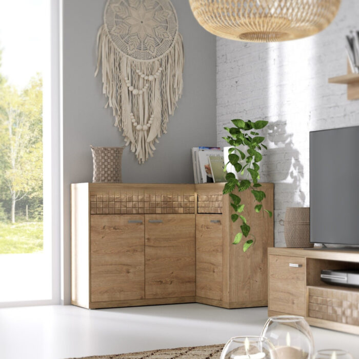 Komoda Narożna BALESTRAND - Dąb - Szuflady - Dekoracyjny Front - 132 x 99 x 41 cm - obrazek 2