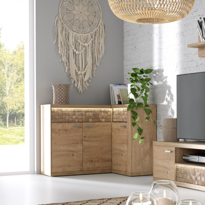 Komoda Narożna BALESTRAND - Dąb - Szuflady - Dekoracyjny Front - Podświetlany Blat - 132 x 99 x 41 cm - obrazek 2