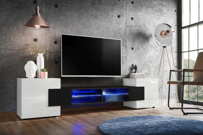 Szafka RTV Merano, Biały/Czarny Oświetlenie LED Niebieskie - obrazek 2