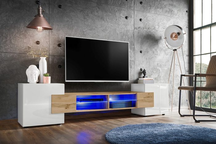 Szafka RTV Merano, Biały/Wotan Oświetlenie LED Niebieskie - obrazek 2